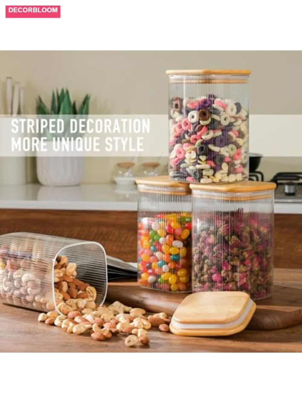 4pk Airtight Glass Square Storage Canisters with Bamboo Lids Striped Stackable